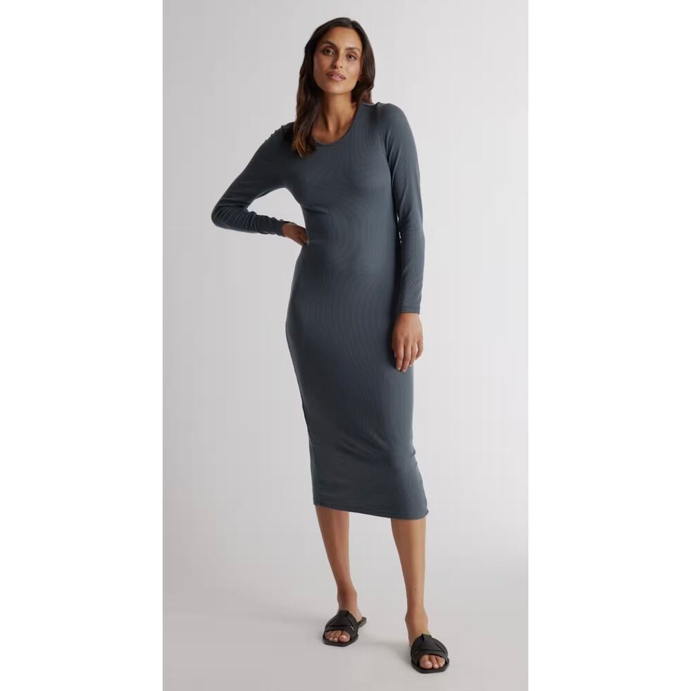 Quince TENCEL Ribbed Knit Midi Dress Long Sleeve Dark Olive Size XS
